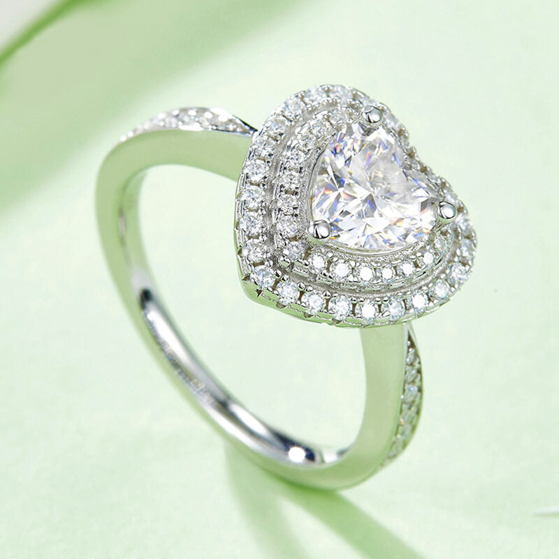 Double Halo Heart Cut Moissanite Pave Engagement Ring