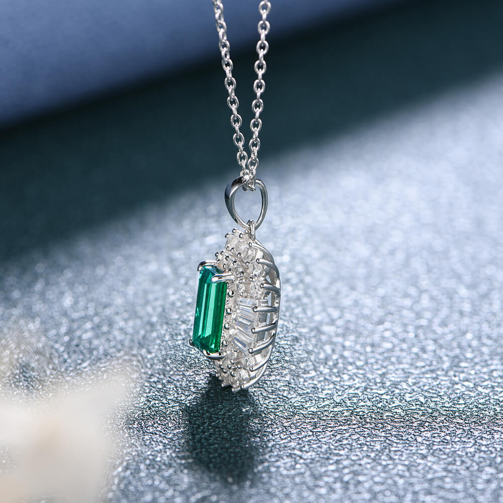 Double Halo Lab-Created Emerald Sterling Silver Necklace