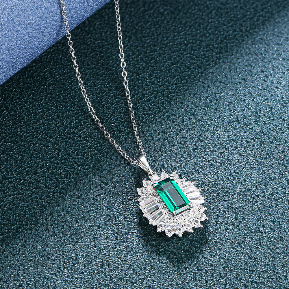 Double Halo Lab-Created Emerald Sterling Silver Necklace