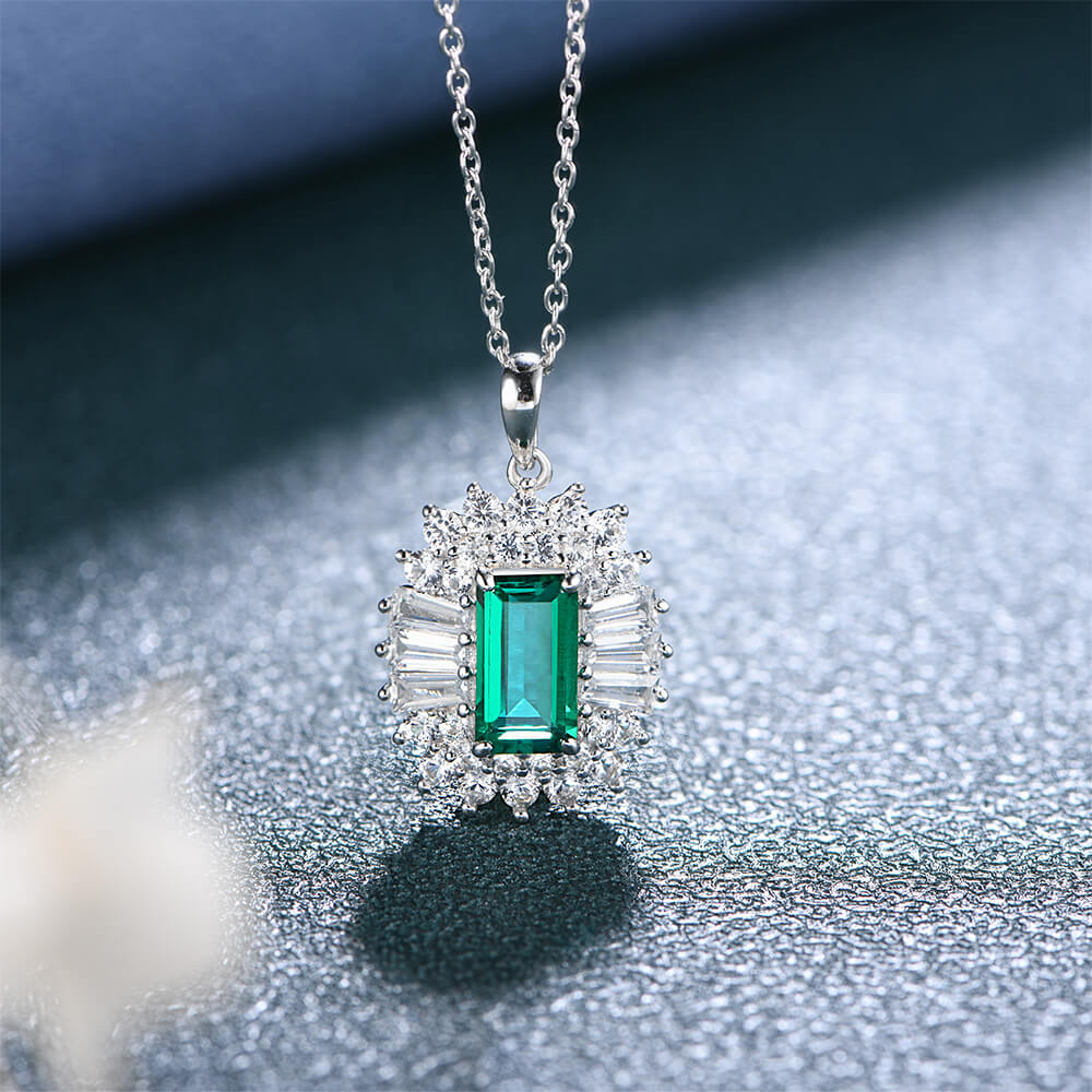 Double Halo Lab-Created Emerald Sterling Silver Necklace