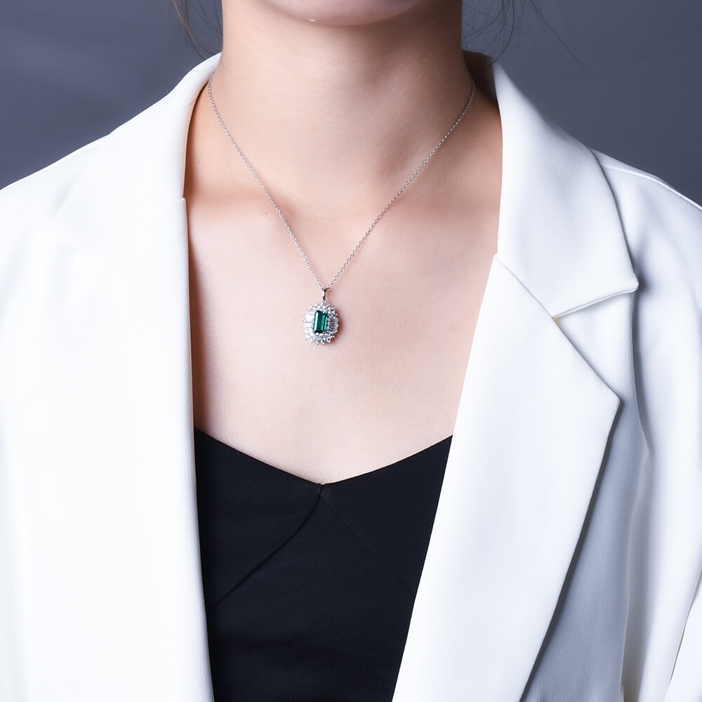 Double Halo Lab-Created Emerald Sterling Silver Necklace