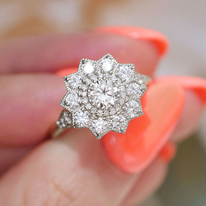 Double Halo Moissanite Floral Style Cluster Engagement Ring