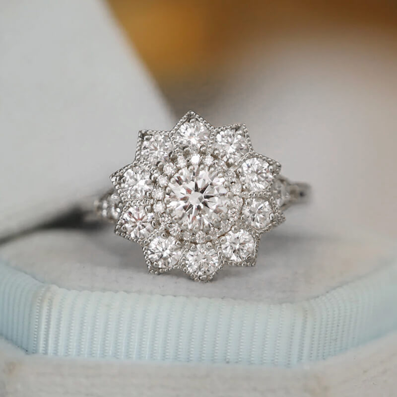 Double Halo Moissanite Floral Style Cluster Engagement Ring
