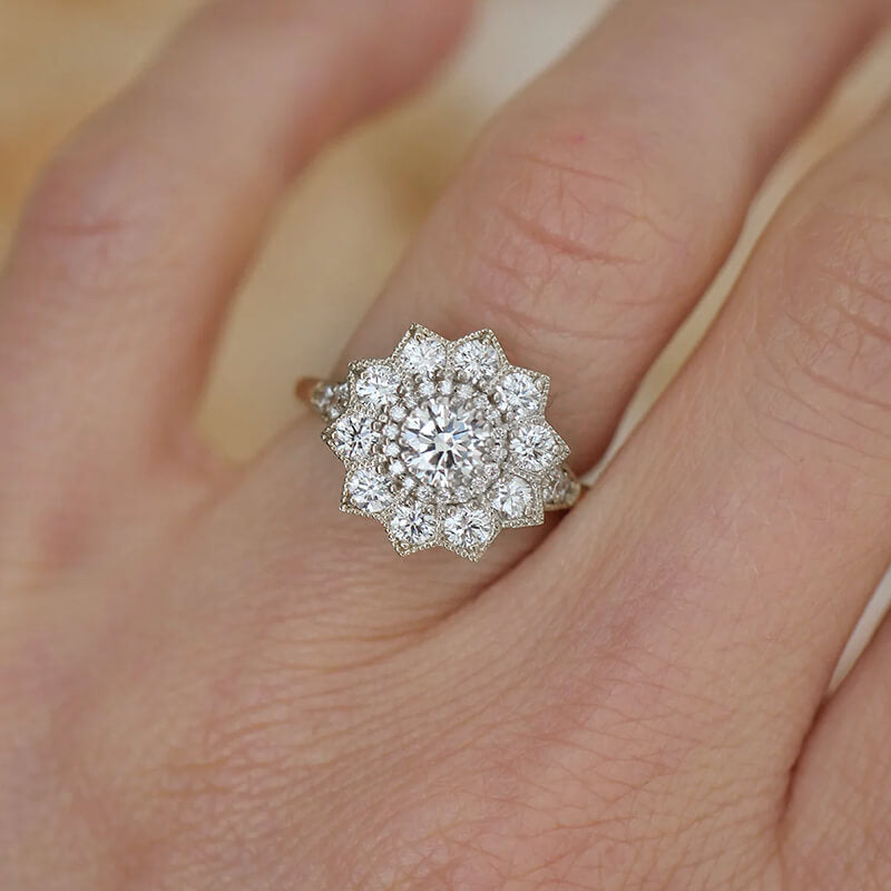Double Halo Moissanite Floral Style Cluster Engagement Ring