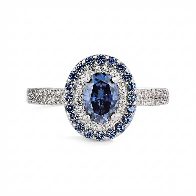 Double Halo Oval Blue Moissanite Dual-Row Pave Engagement Ring