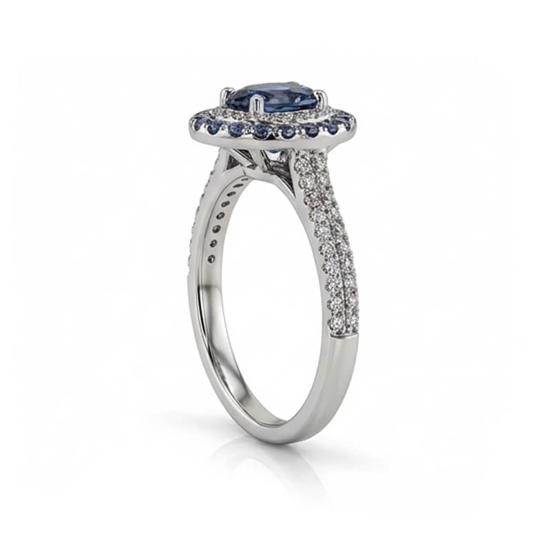 Double Halo Oval Blue Moissanite Dual-Row Pave Engagement Ring