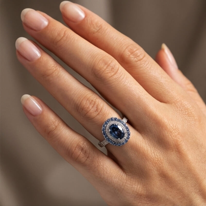 Double Halo Oval Blue Moissanite Dual-Row Pave Engagement Ring