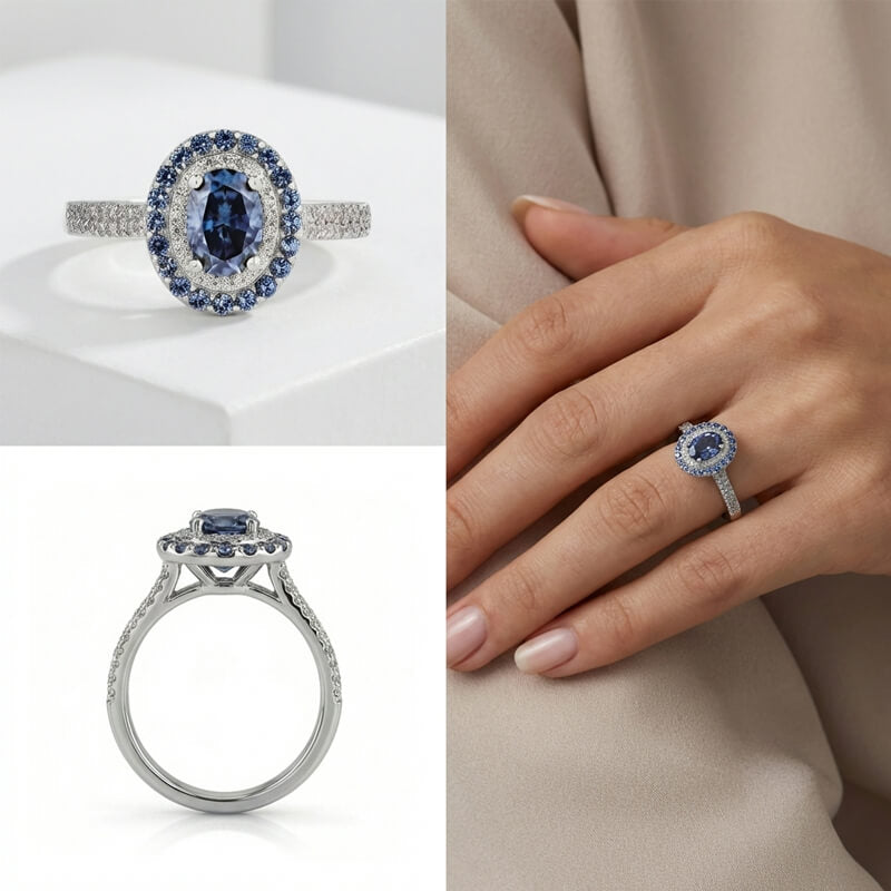 Double Halo Oval Blue Moissanite Dual-Row Pave Engagement Ring