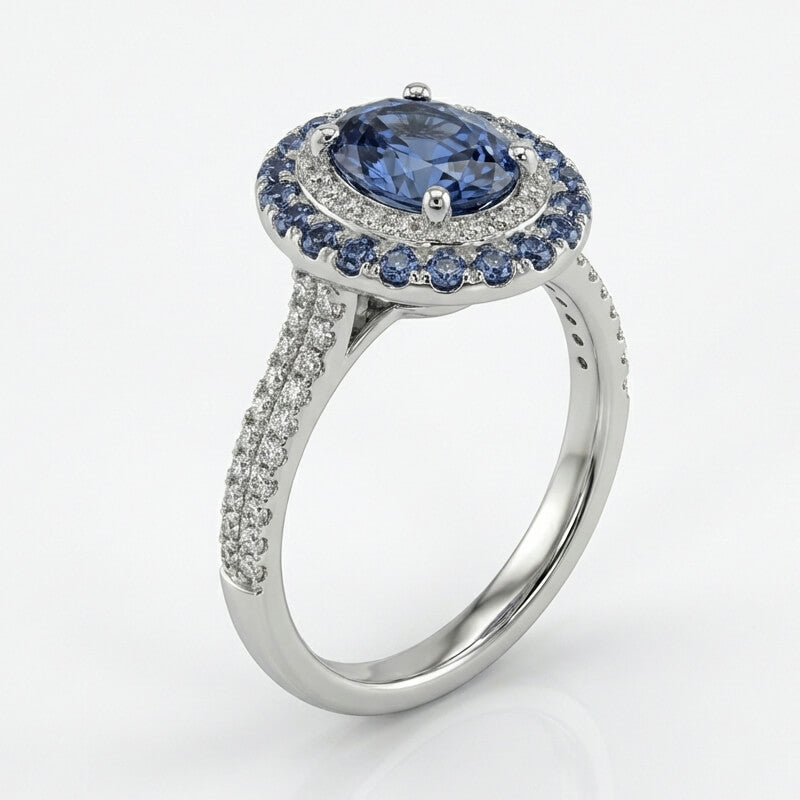 Double Halo Oval Blue Moissanite Dual-Row Pave Engagement Ring