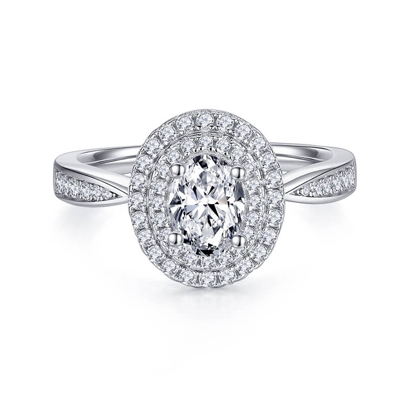 Double Halo Oval Cut Moissanite Pave Engagement Ring