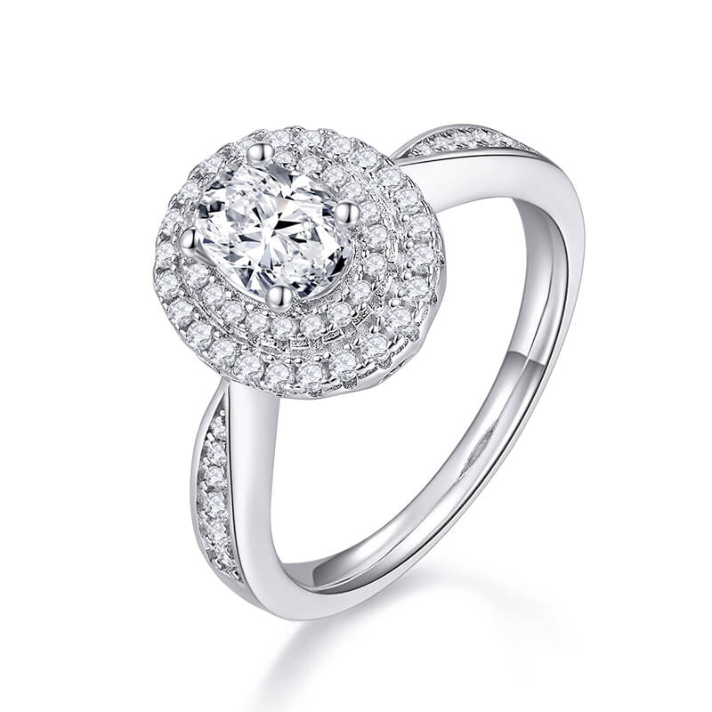 Double Halo Oval Cut Moissanite Pave Engagement Ring