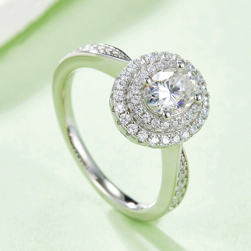 Double Halo Oval Cut Moissanite Pave Engagement Ring