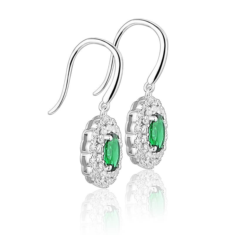 Double Halo Oval Lab-Created Emerald Sterling Silver Drop Earrings