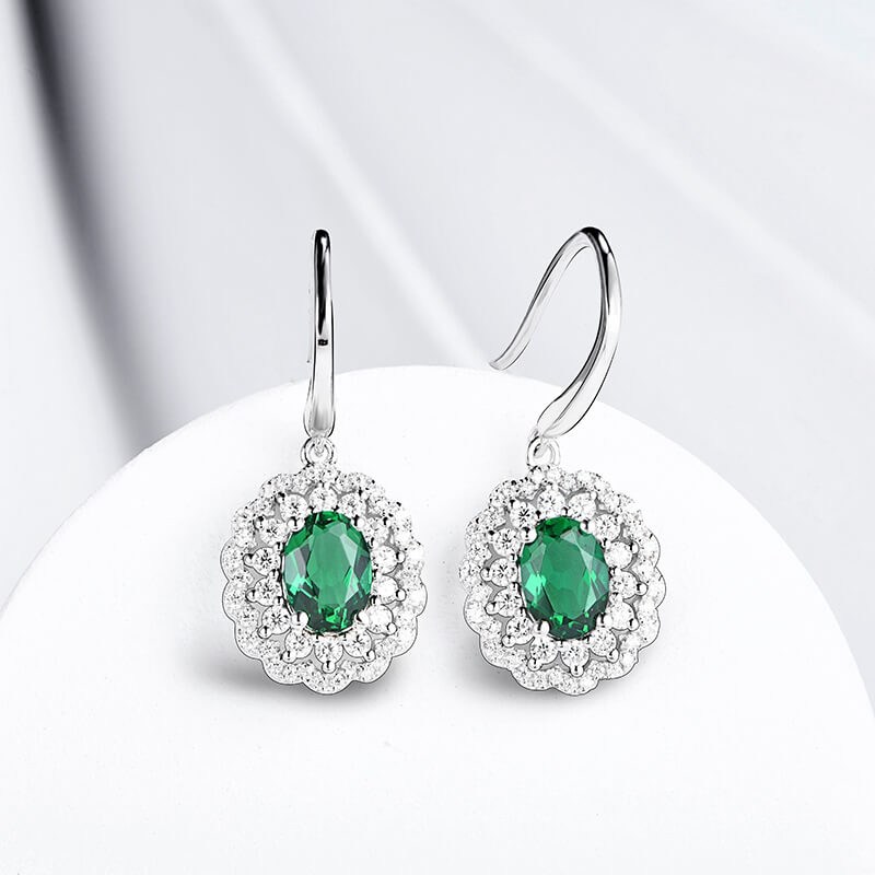 Double Halo Oval Lab-Created Emerald Sterling Silver Drop Earrings