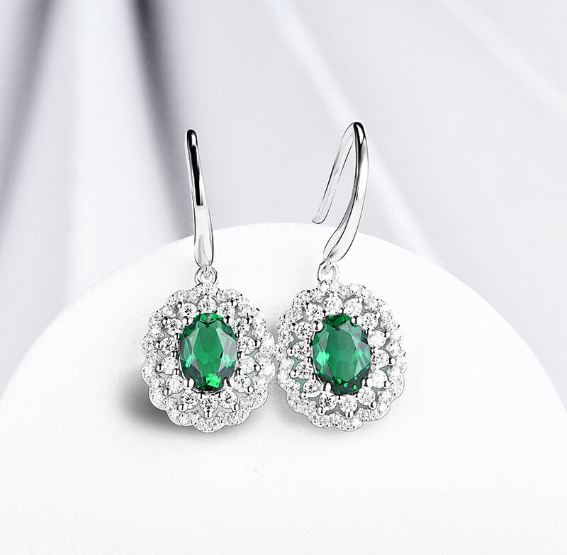 Double Halo Oval Lab-Created Emerald Sterling Silver Drop Earrings