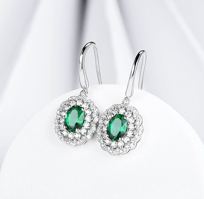 Double Halo Oval Lab-Created Emerald Sterling Silver Drop Earrings