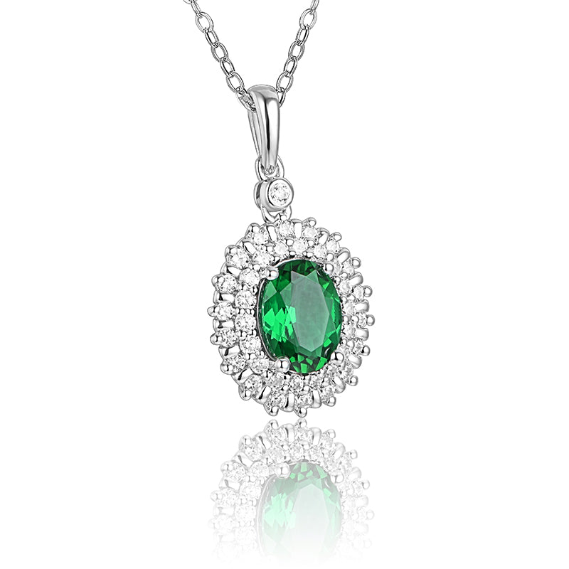 Double Halo Oval Lab-Created Emerald Sterling Silver Necklace