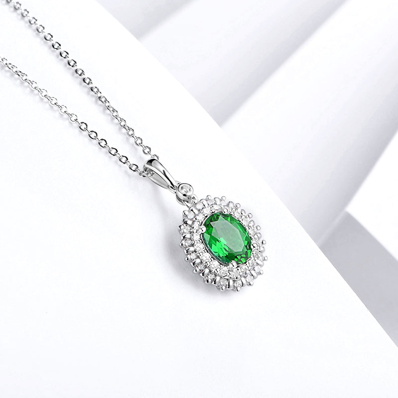 Double Halo Oval Lab-Created Emerald Sterling Silver Necklace