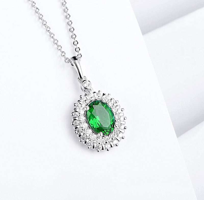 Double Halo Oval Lab-Created Emerald Sterling Silver Necklace