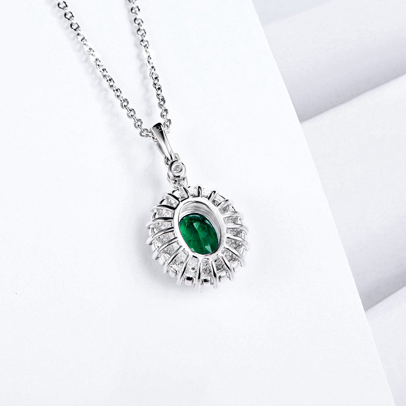 Double Halo Oval Lab-Created Emerald Sterling Silver Necklace