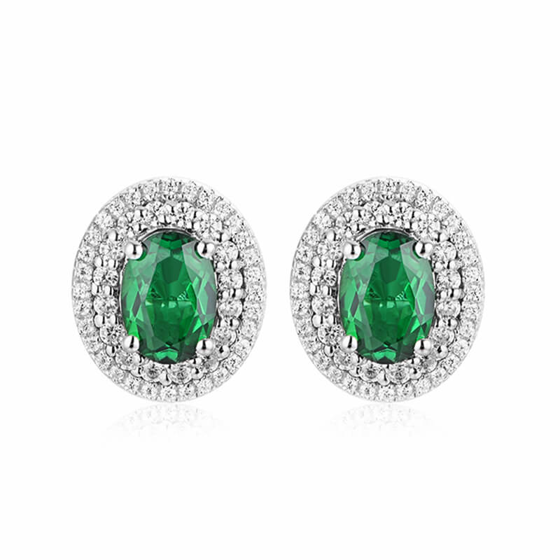 Double Halo Oval Lab-Created Emerald Sterling Silver Stud Earrings