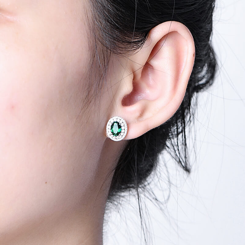Double Halo Oval Lab-Created Emerald Sterling Silver Stud Earrings