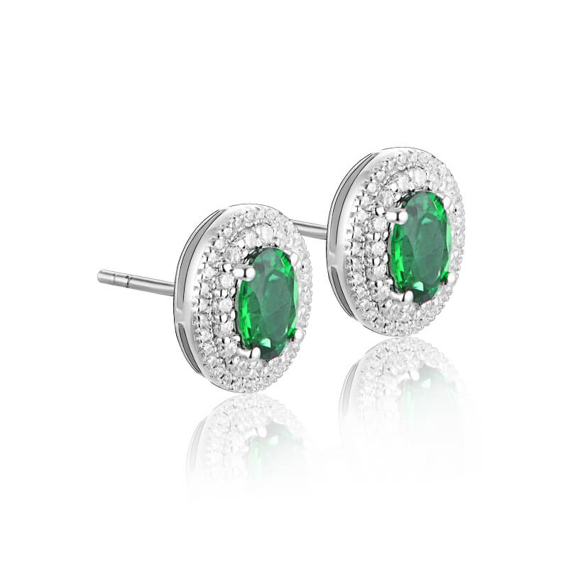 Double Halo Oval Lab-Created Emerald Sterling Silver Stud Earrings