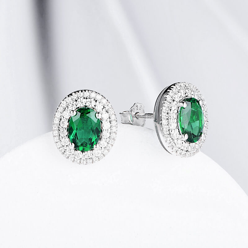 Double Halo Oval Lab-Created Emerald Sterling Silver Stud Earrings