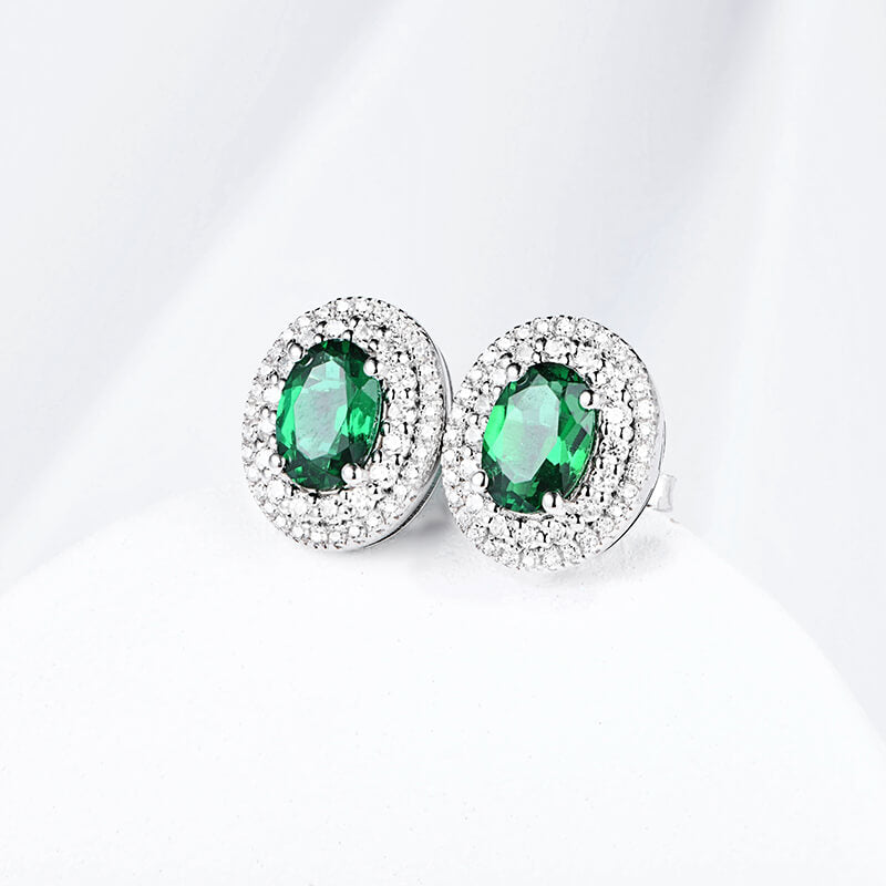 Double Halo Oval Lab-Created Emerald Sterling Silver Stud Earrings