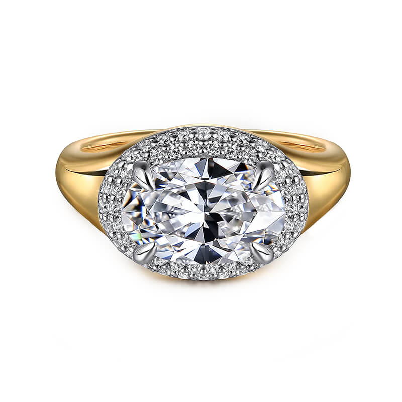 Double Halo Oval Moissanite Two Tone Engagement Ring