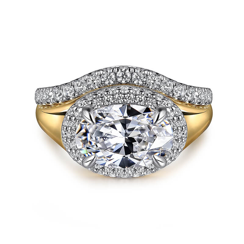 Double Halo Oval Moissanite Two Tone Engagement Ring