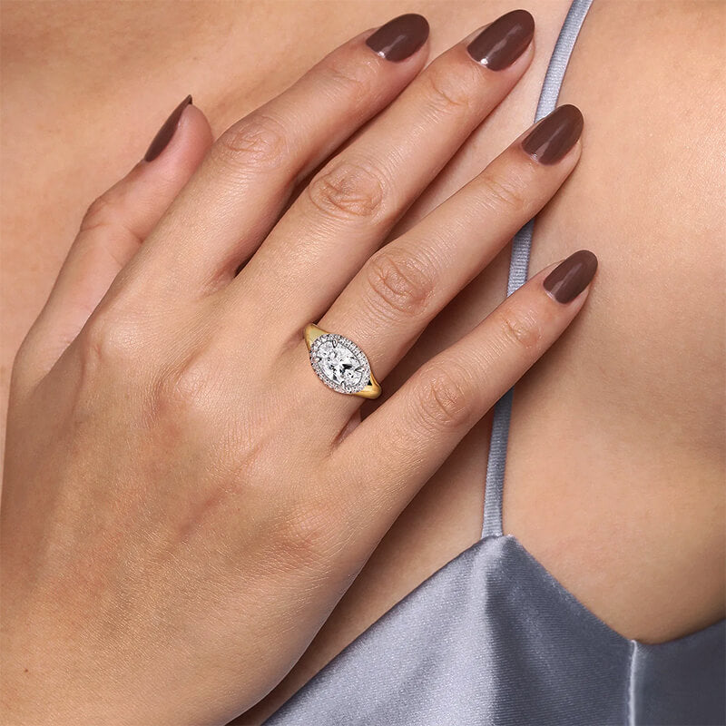 Double Halo Oval Moissanite Two Tone Engagement Ring