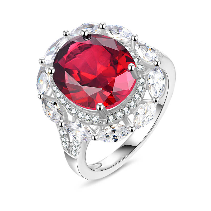 Double Halo Oval Sapphire Split Shank Pave Sterling Silver Ring