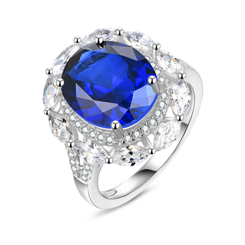 Double Halo Oval Sapphire Split Shank Pave Sterling Silver Ring