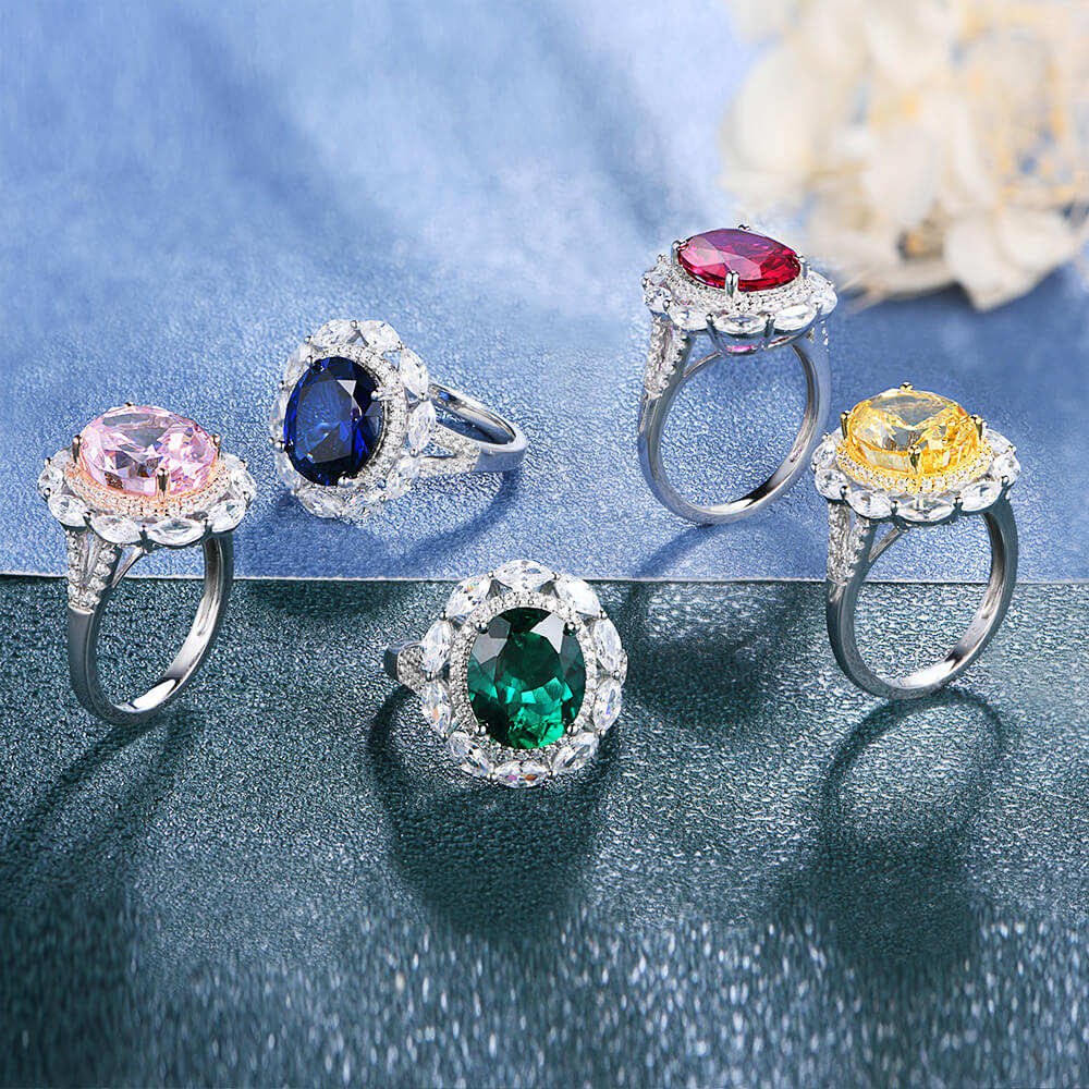 Double Halo Oval Sapphire Split Shank Pave Sterling Silver Ring