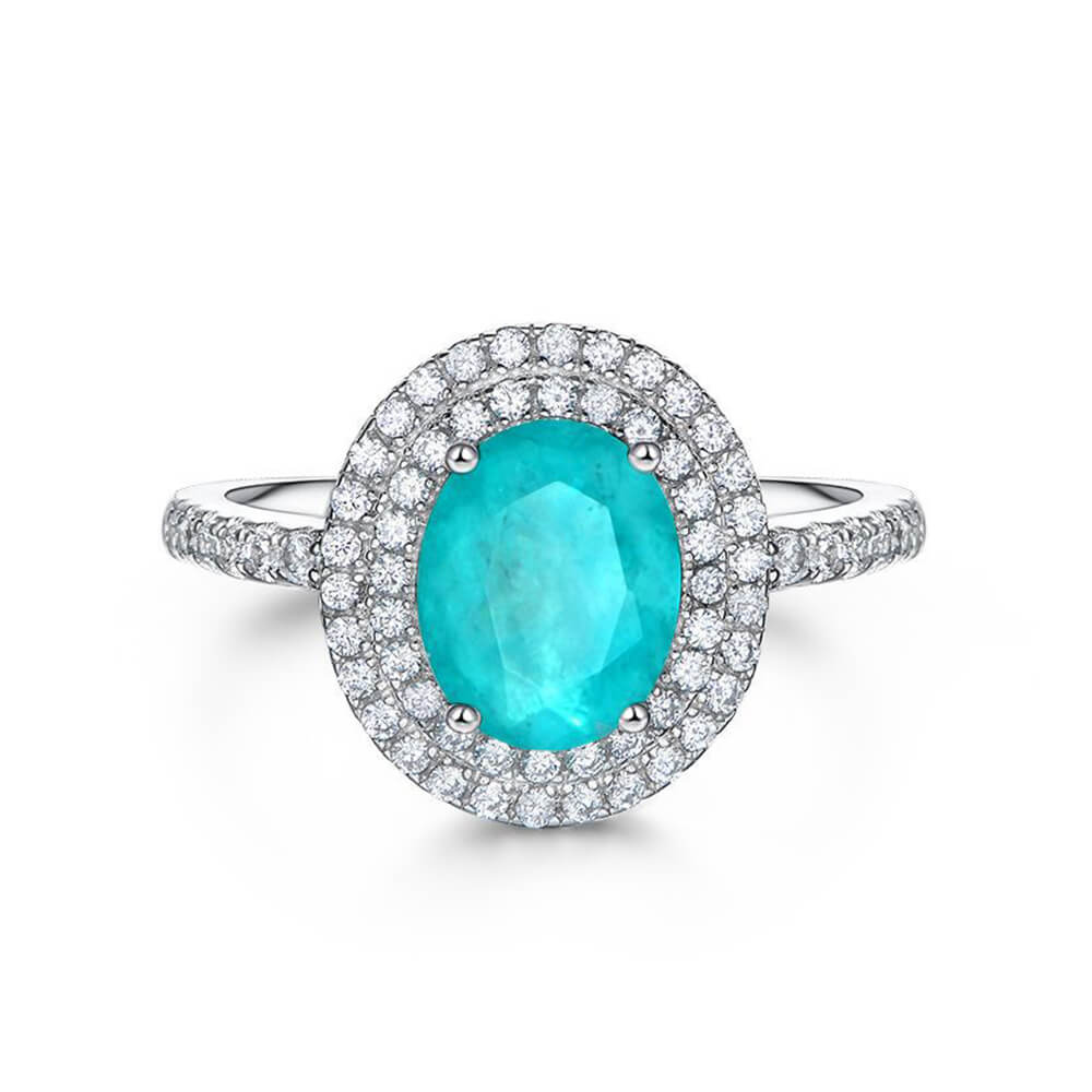Double Halo Oval Paraiba Tourmaline Pave Accents Sterling Silver Ring