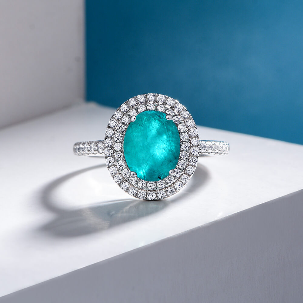 Double Halo Oval Paraiba Tourmaline Pave Accents Sterling Silver Ring