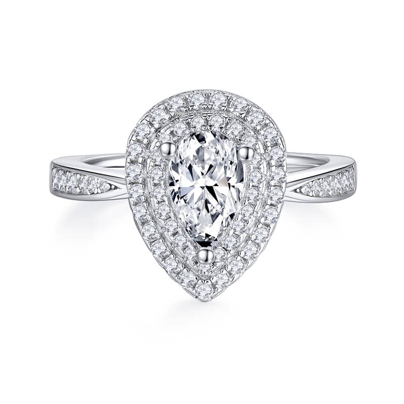 Double Halo Pear Cut Moissanite Pave Engagement Ring