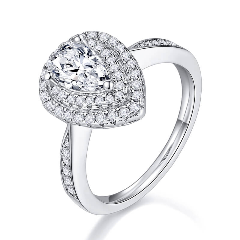 Double Halo Pear Cut Moissanite Pave Engagement Ring