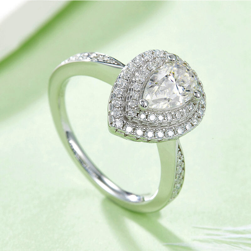 Double Halo Pear Cut Moissanite Pave Engagement Ring