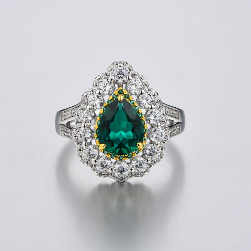 Double Halo Pear Emerald Split Shank Pave Engagement Ring