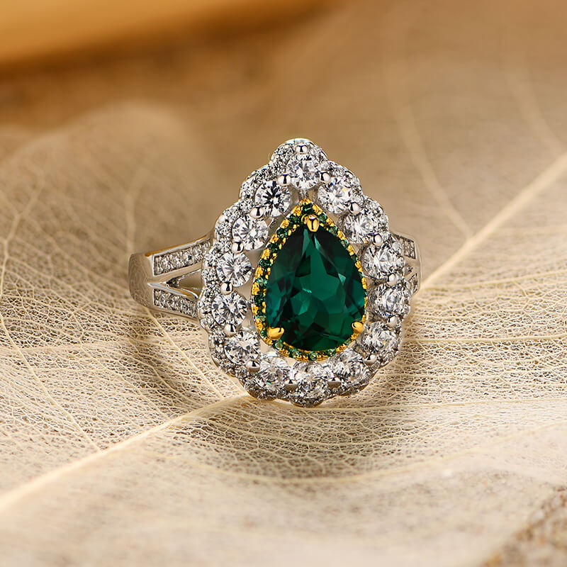 Double Halo Pear Emerald Split Shank Pave Engagement Ring