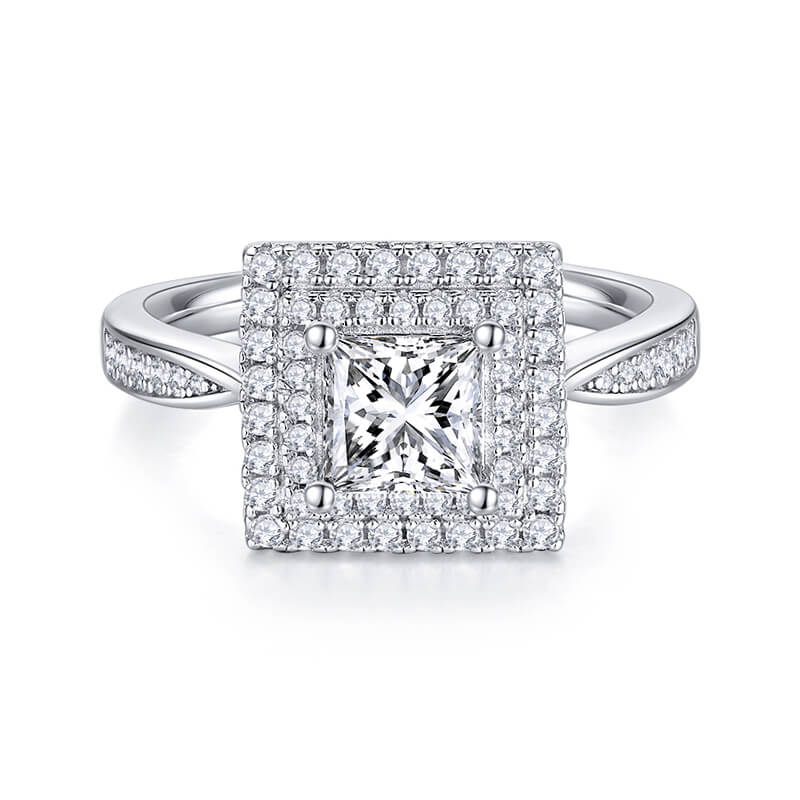 Double Halo Princess Cut Moissanite Pave Engagement Ring