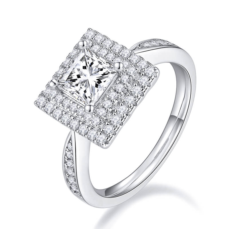 Double Halo Princess Cut Moissanite Pave Engagement Ring