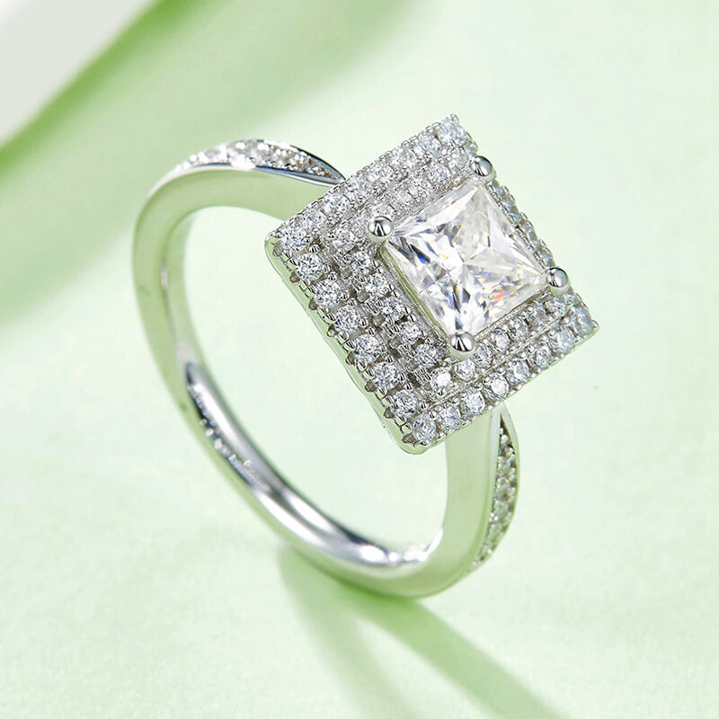 Double Halo Princess Cut Moissanite Pave Engagement Ring