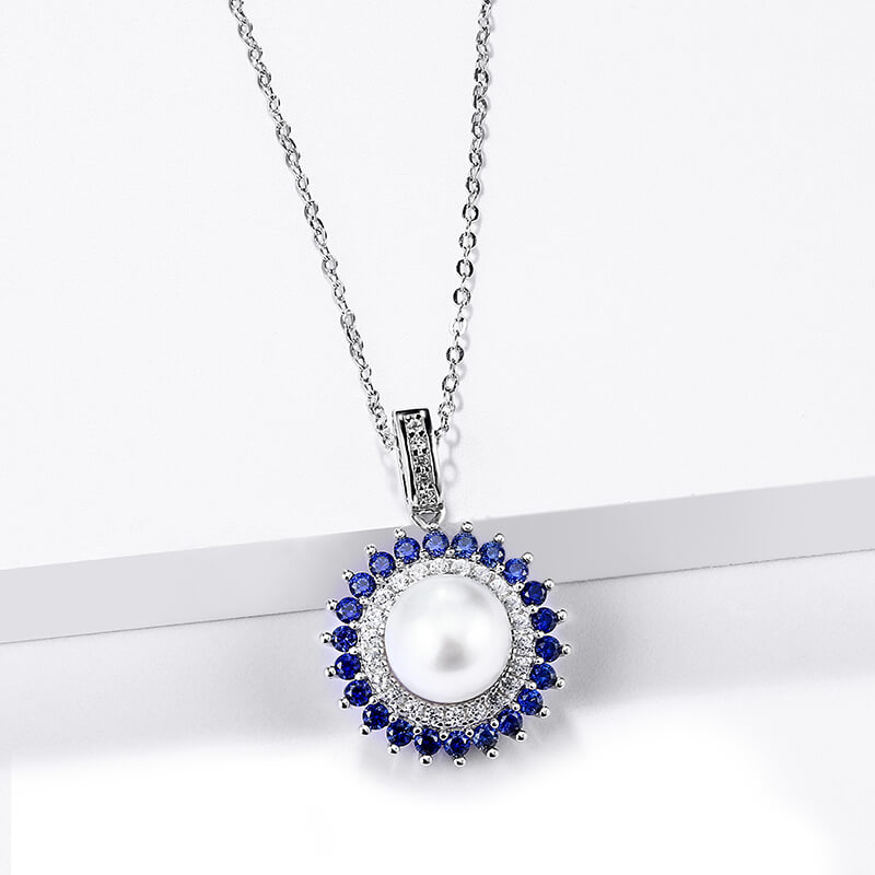 Double Halo Round Pearl Necklace In Sterling Silver