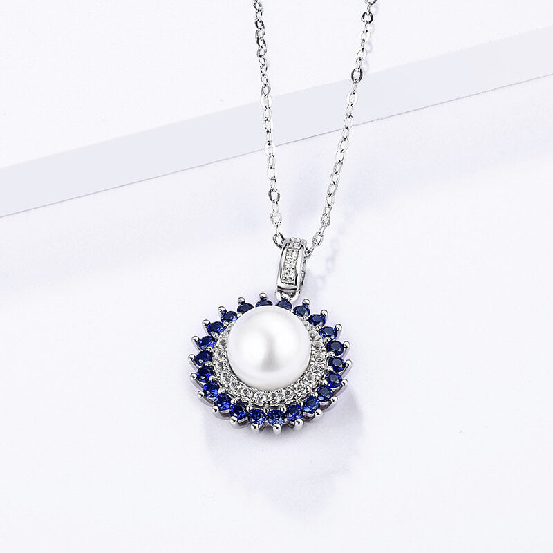 Double Halo Round Pearl Necklace In Sterling Silver