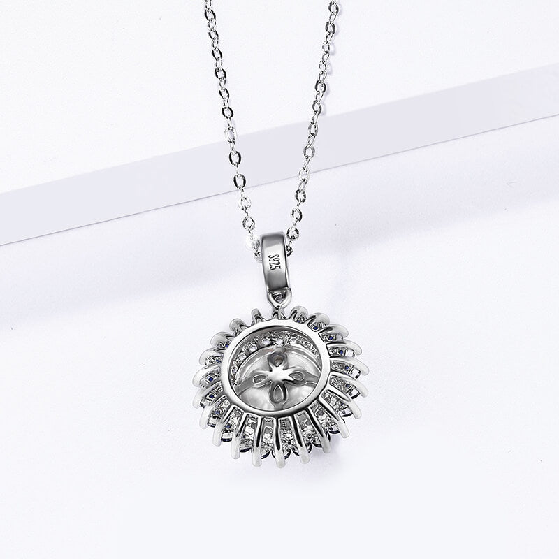 Double Halo Round Pearl Necklace In Sterling Silver
