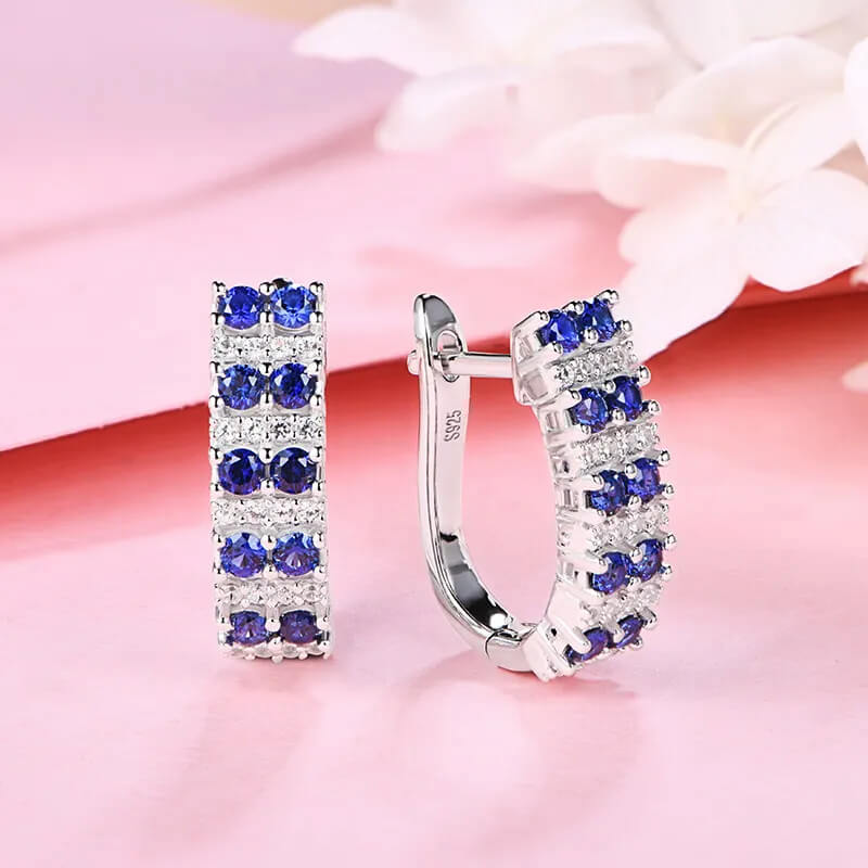 Double Row Lab-Created Sapphire Huggie Hoop Earrings In Sterling Silver