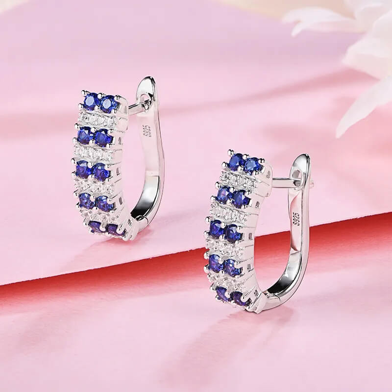 Double Row Lab-Created Sapphire Huggie Hoop Earrings In Sterling Silver